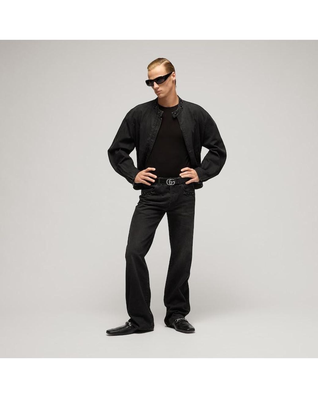 Gucci Black Flared Cotton Denim Pants With Horsebit for men