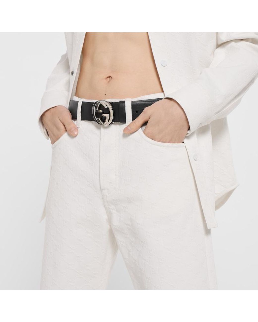 Gucci White Gg Cotton Denim Jacquard Pants for men