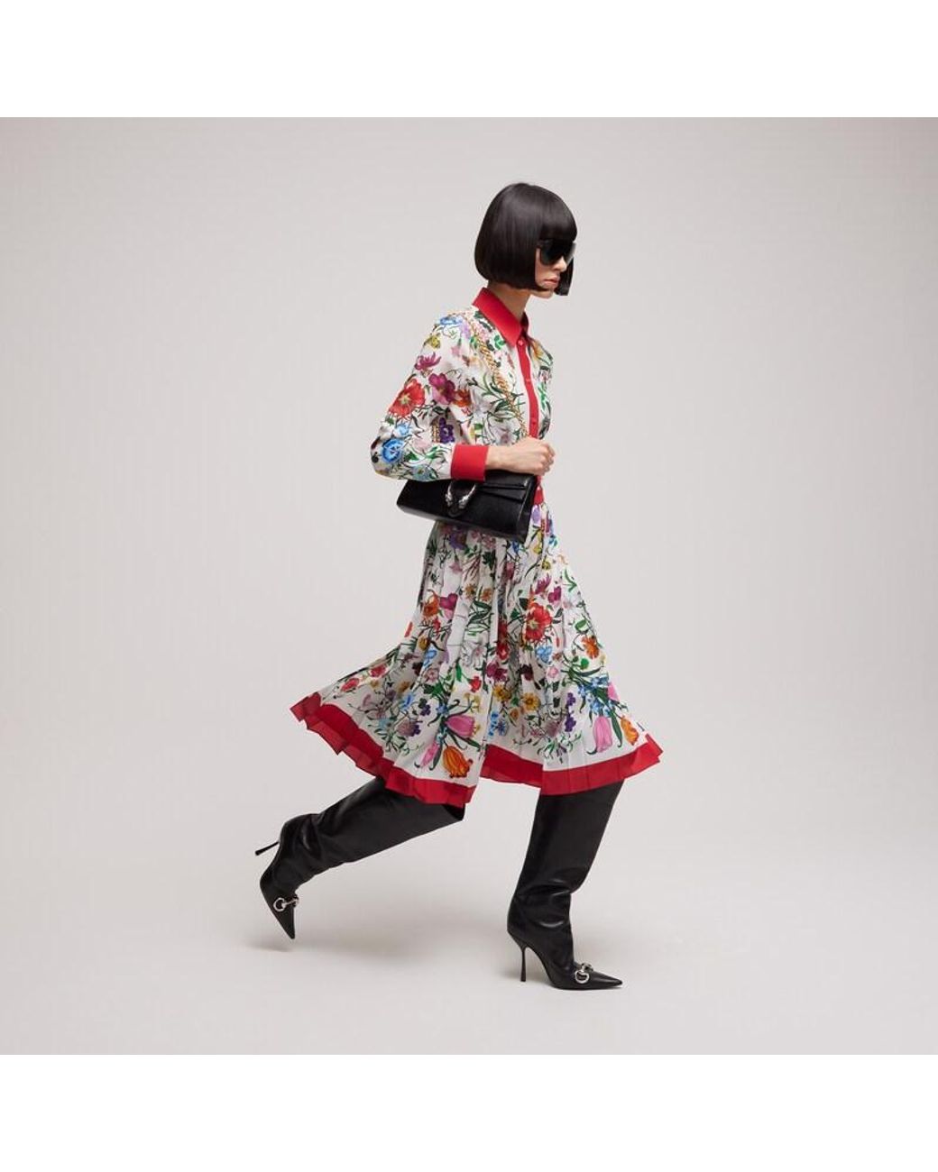 Gucci Red Printed Silk Pleated Skirt