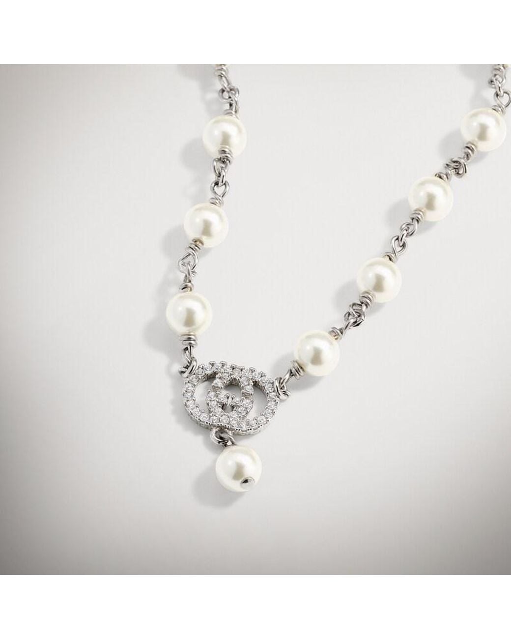 Gucci Metallic Pearl And Crystal Pendant Necklace