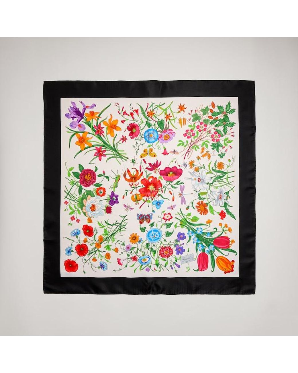 Gucci Black Printed Flora Silk Twill Carré