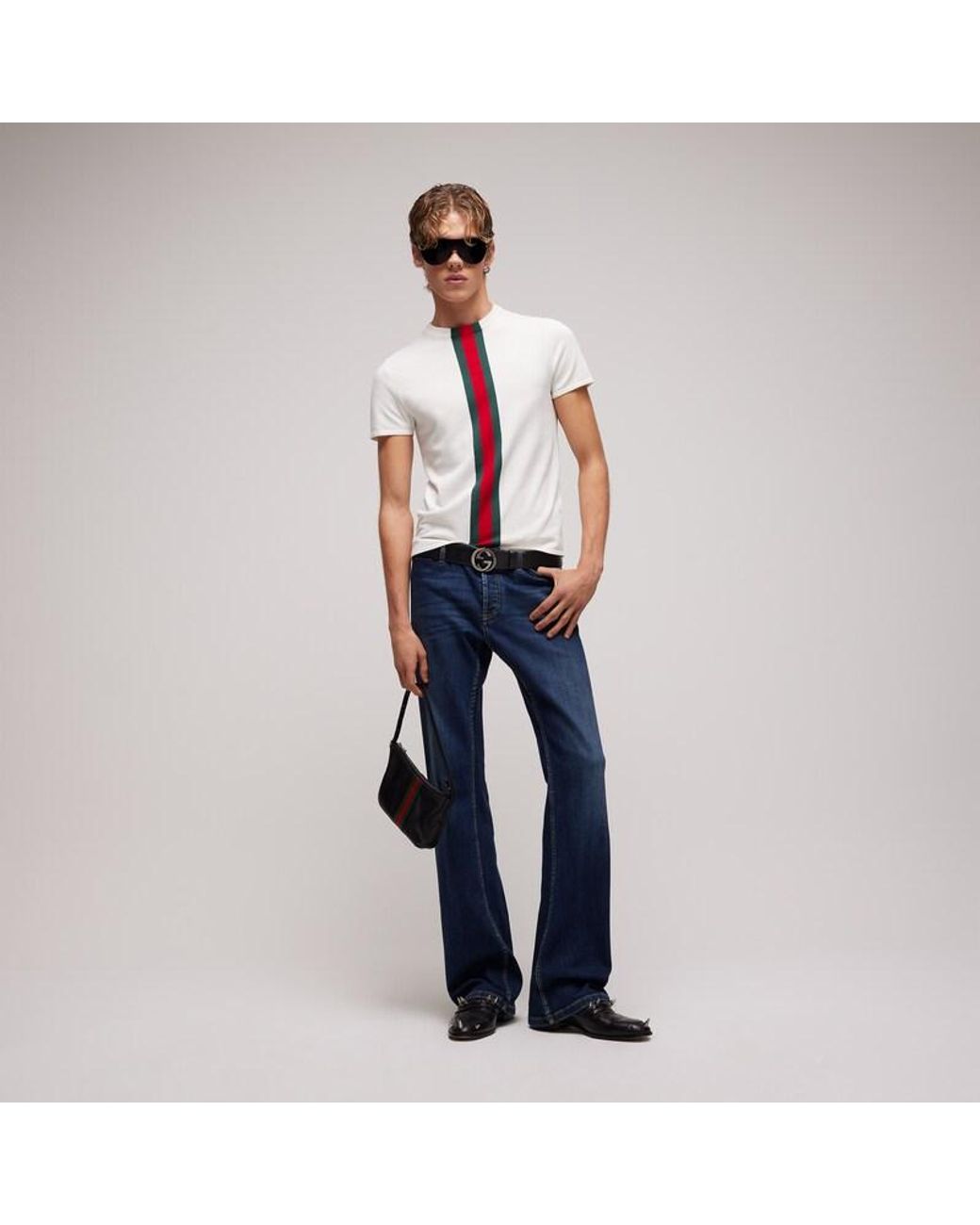 Gucci White Knit Cotton T-Shirt With Web Intarsia for men
