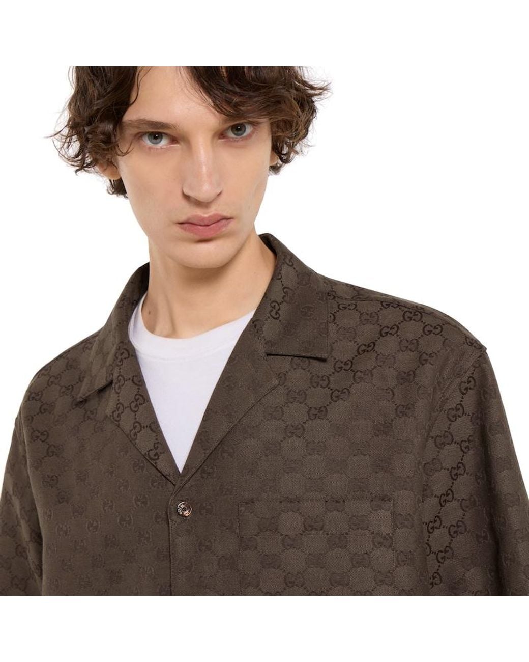 Gucci Brown Gg Canvas Linen Blend Bowling Shirt for men