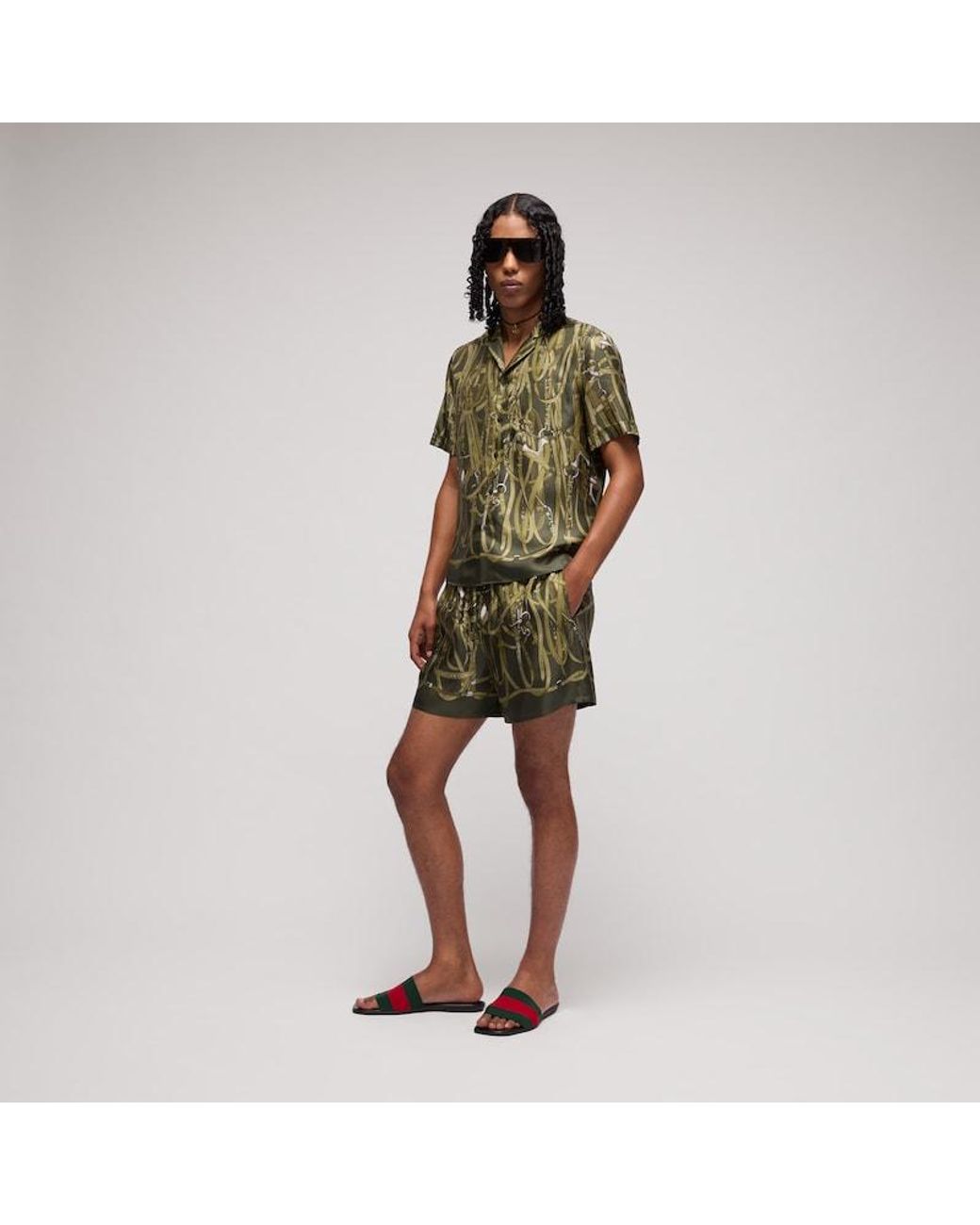 Gucci Green Printed Silk Bowling Shirt for men