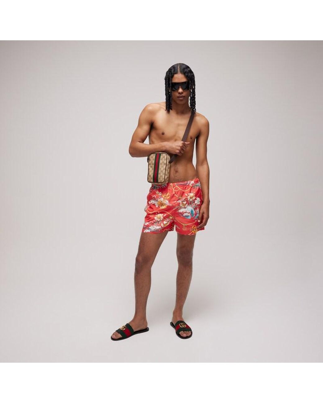 Gucci Red Printed Silk Twill Shorts for men