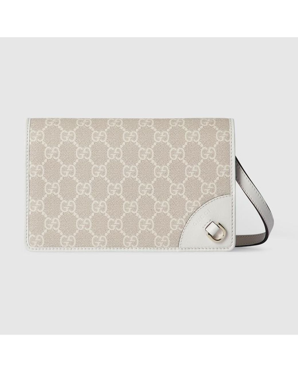 Gucci Natural Gg Emblem Wallet With Leather Strap, Gg Canvas