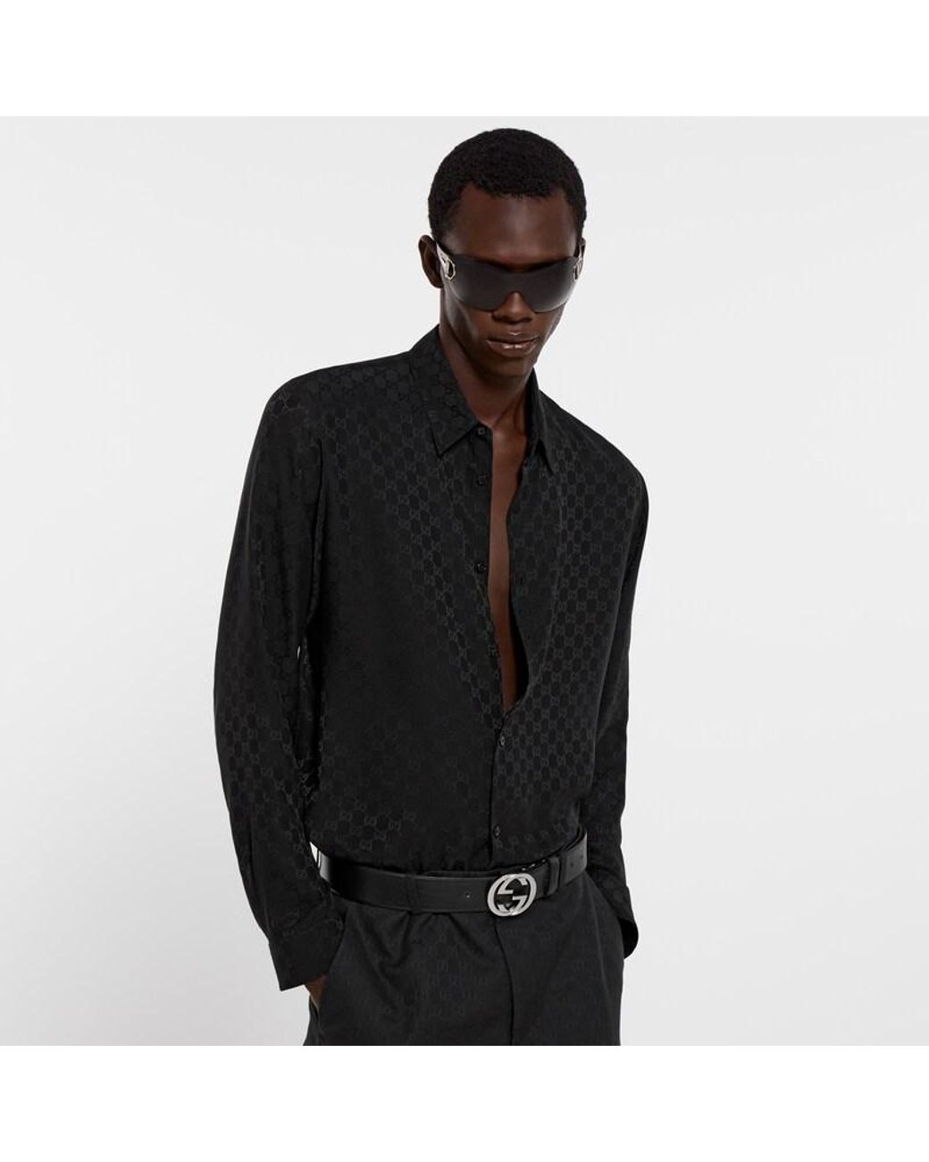 Gucci Black Gg Silk Jacquard Shirt, Size 15 for men