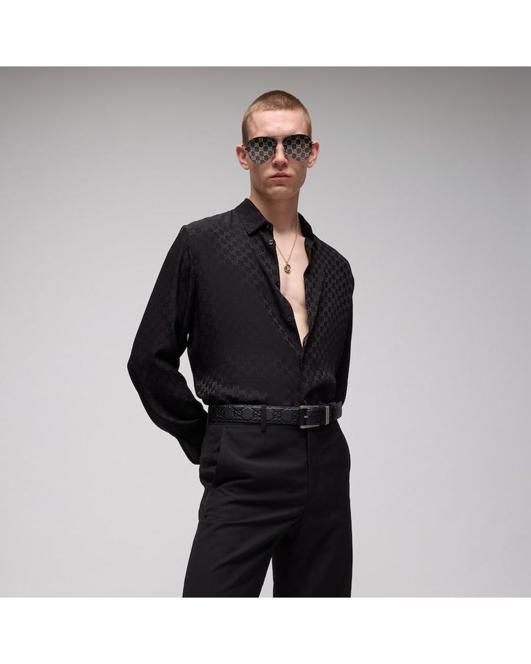 Gucci Black Embossed Gg Belt With Squared Buckle, Size 70 for men