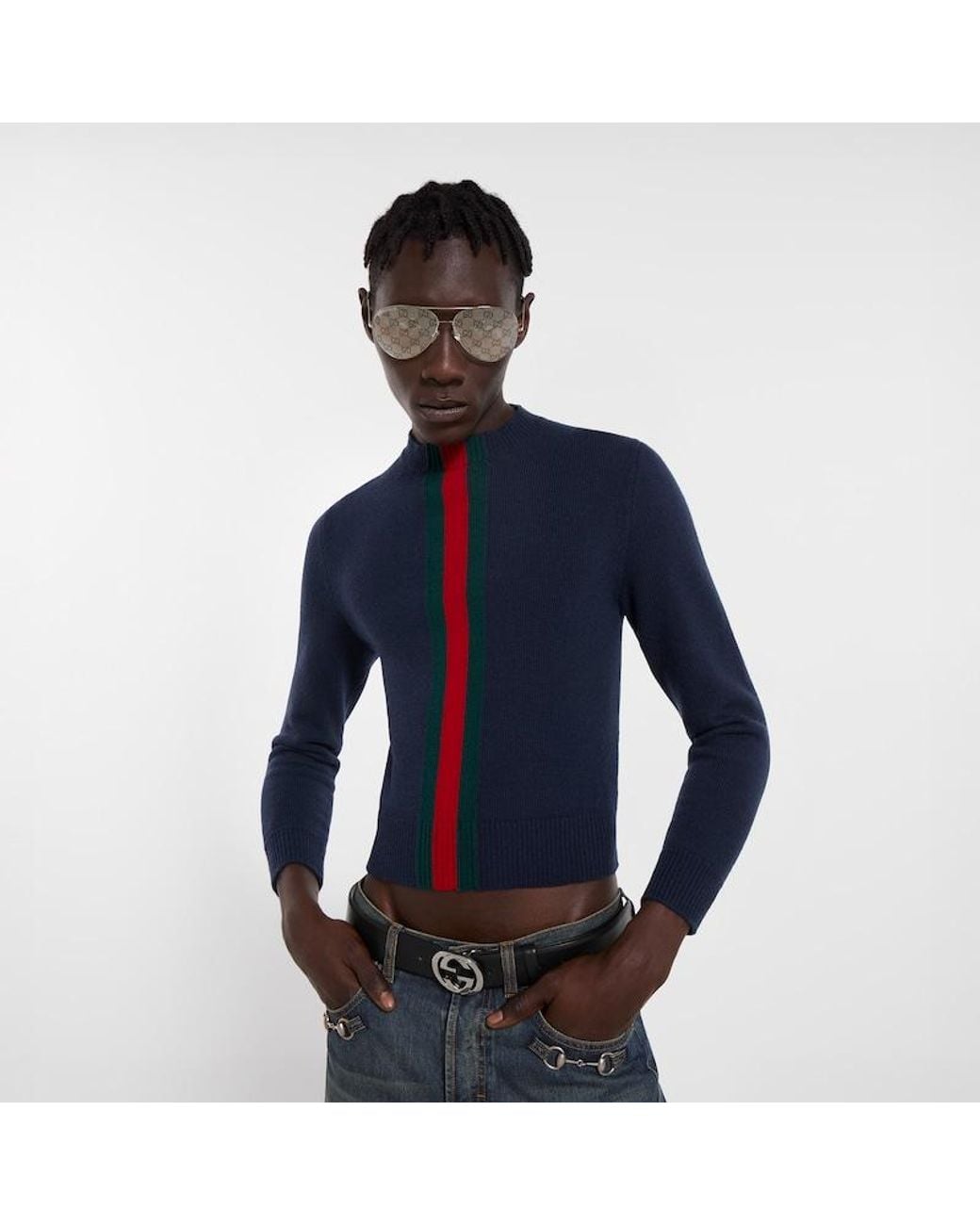 Gucci Blue Fine Knit Wool Sweater With Web for men