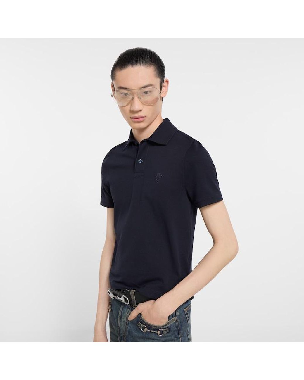 Gucci Blue Cotton Piquet Polo Shirt With Embroidery for men