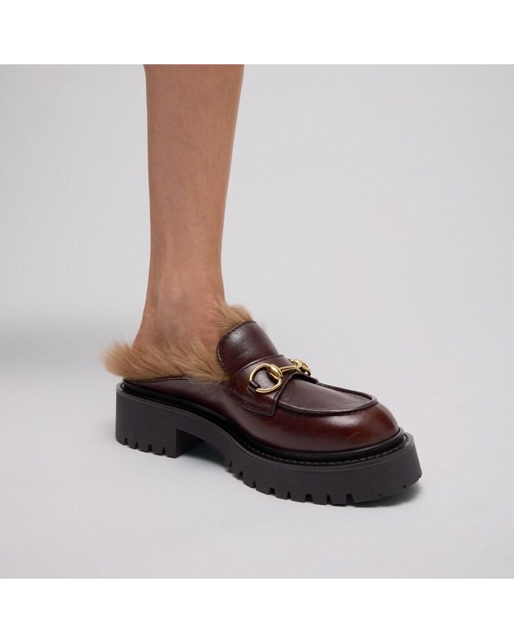 Gucci Brown Mule With Horsebit And Lug Sole, Leather