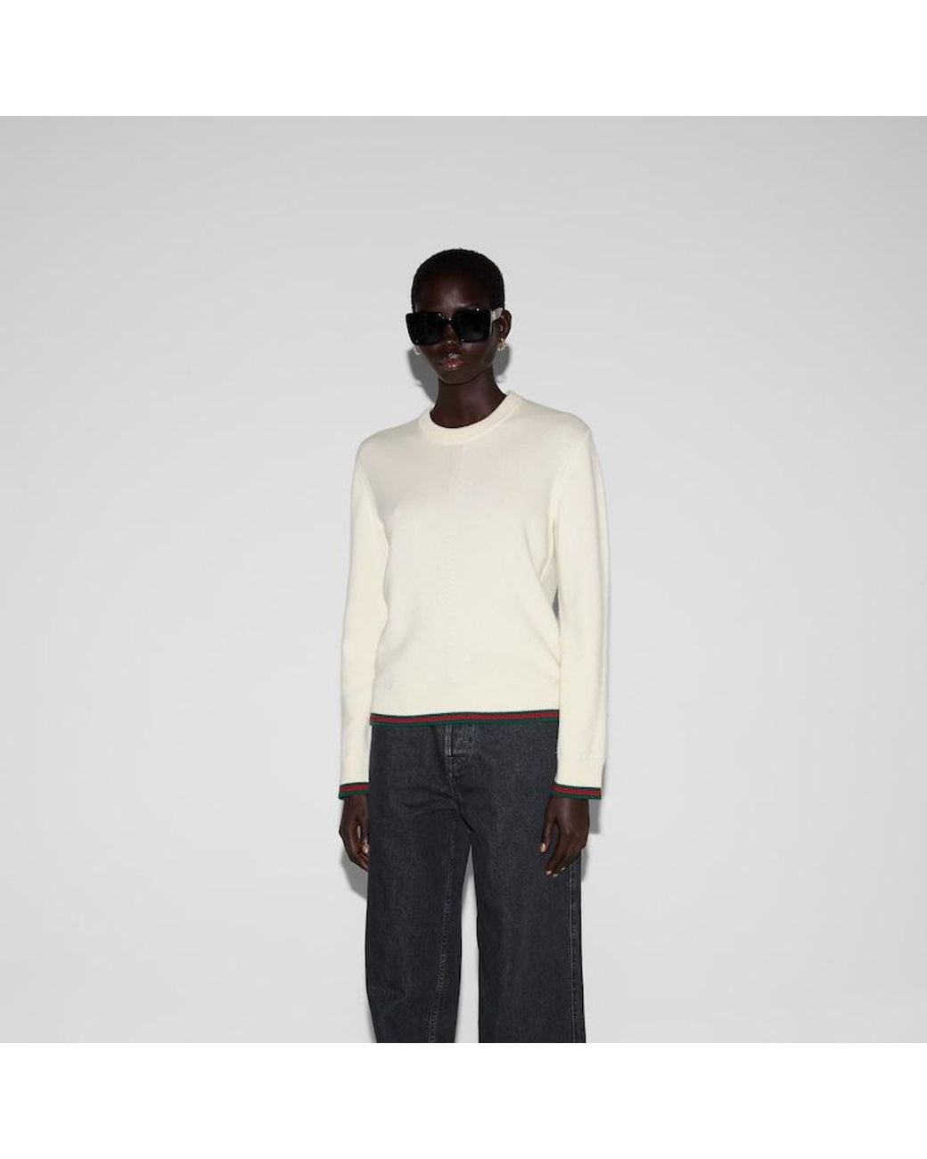Gucci White Wool And Cashmere Sweater With Web, Ready-To-Wear