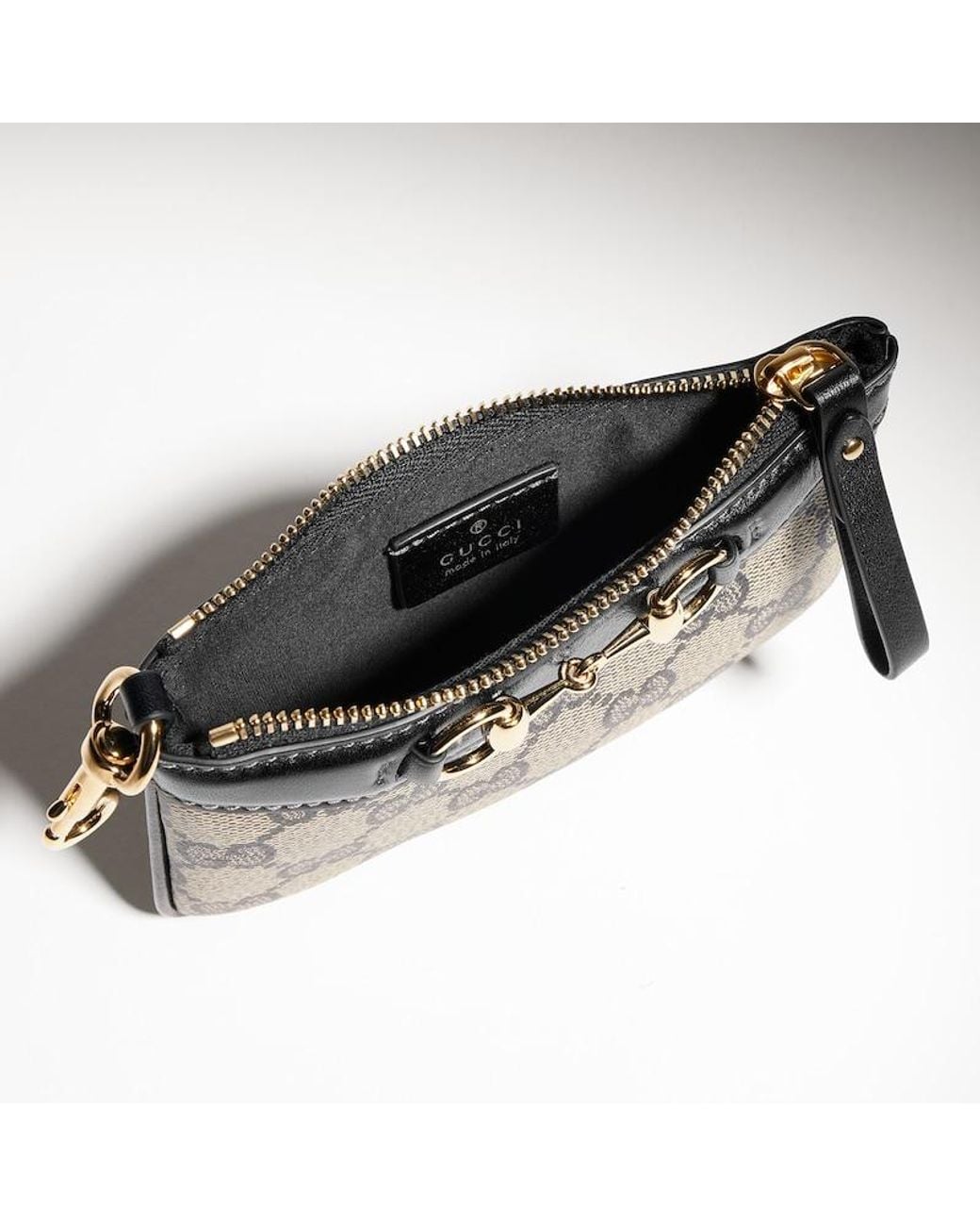 Gucci Black Zip Card Case With Horsebit And Strap, Original Gg Fabric
