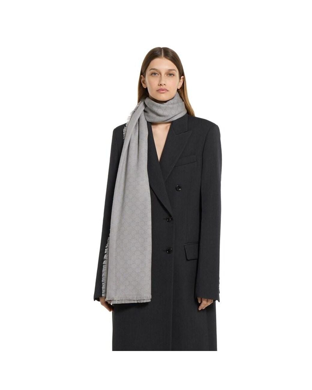 Gucci Gray Printed Gg Cotton Wool Lamé Shawl