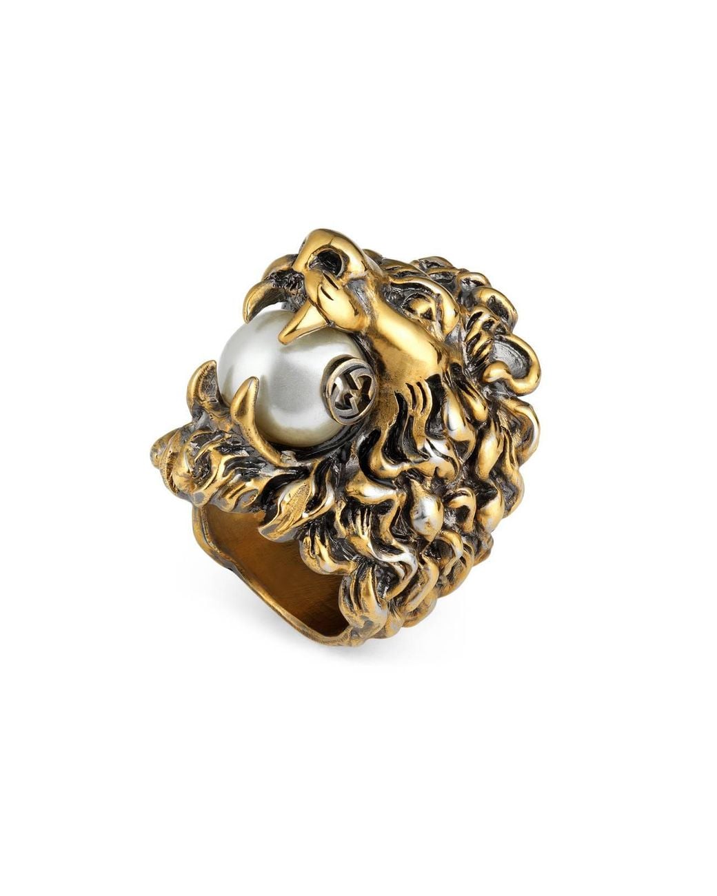 Gucci Lion Head Ring With Glass Pearl in Metallic | Lyst