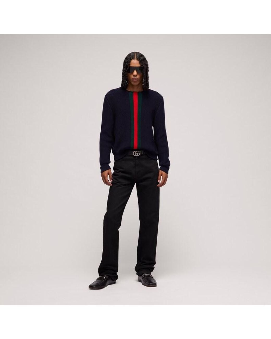 Gucci Blue Fine Rib Wool Sweater With Web for men