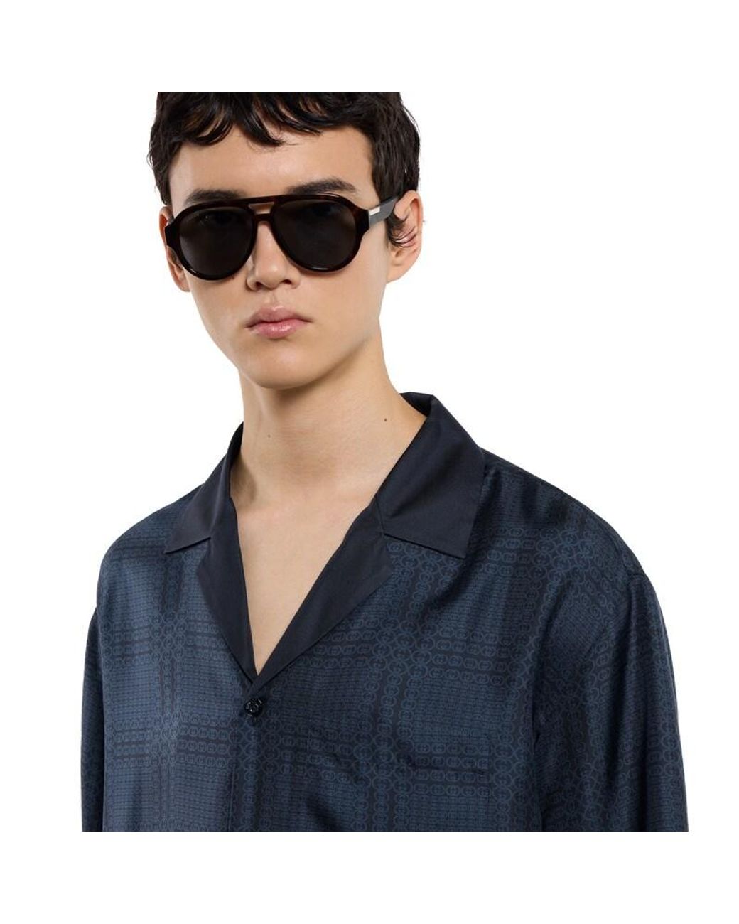 Gucci Blue Printed Silk Twill Bowling Shirt for men