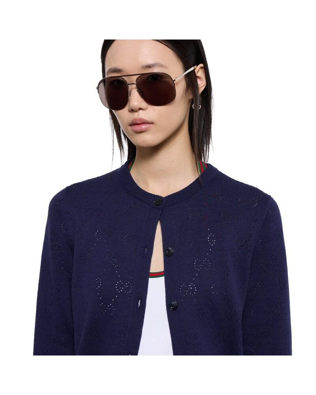Gucci Blue Gg Pointelle Cotton Silk Cardigan