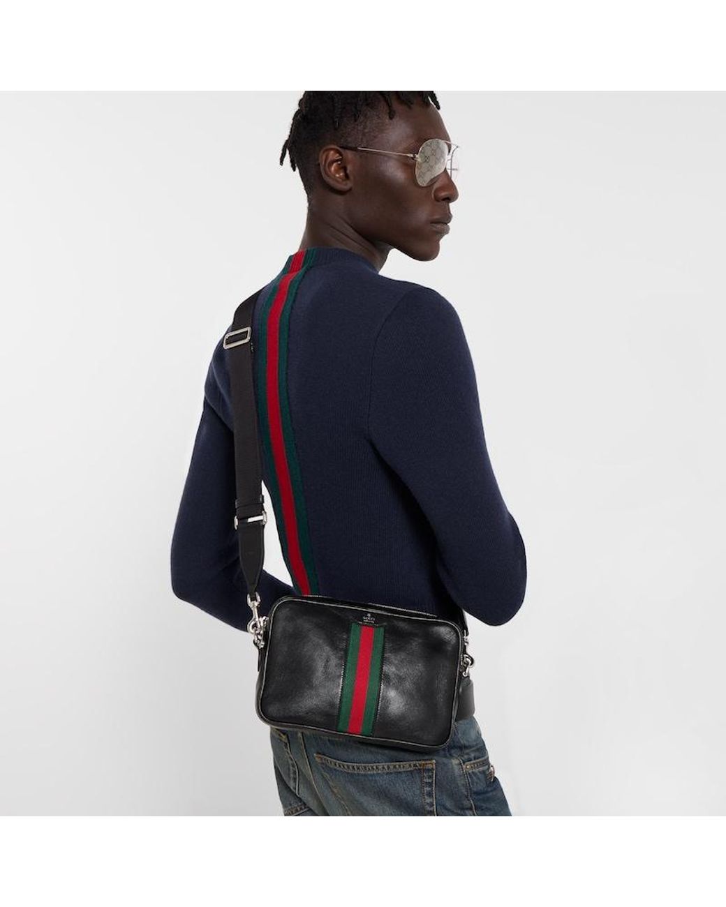 Gucci Black Web Trademark Small Crossbody Bag, Leather for men