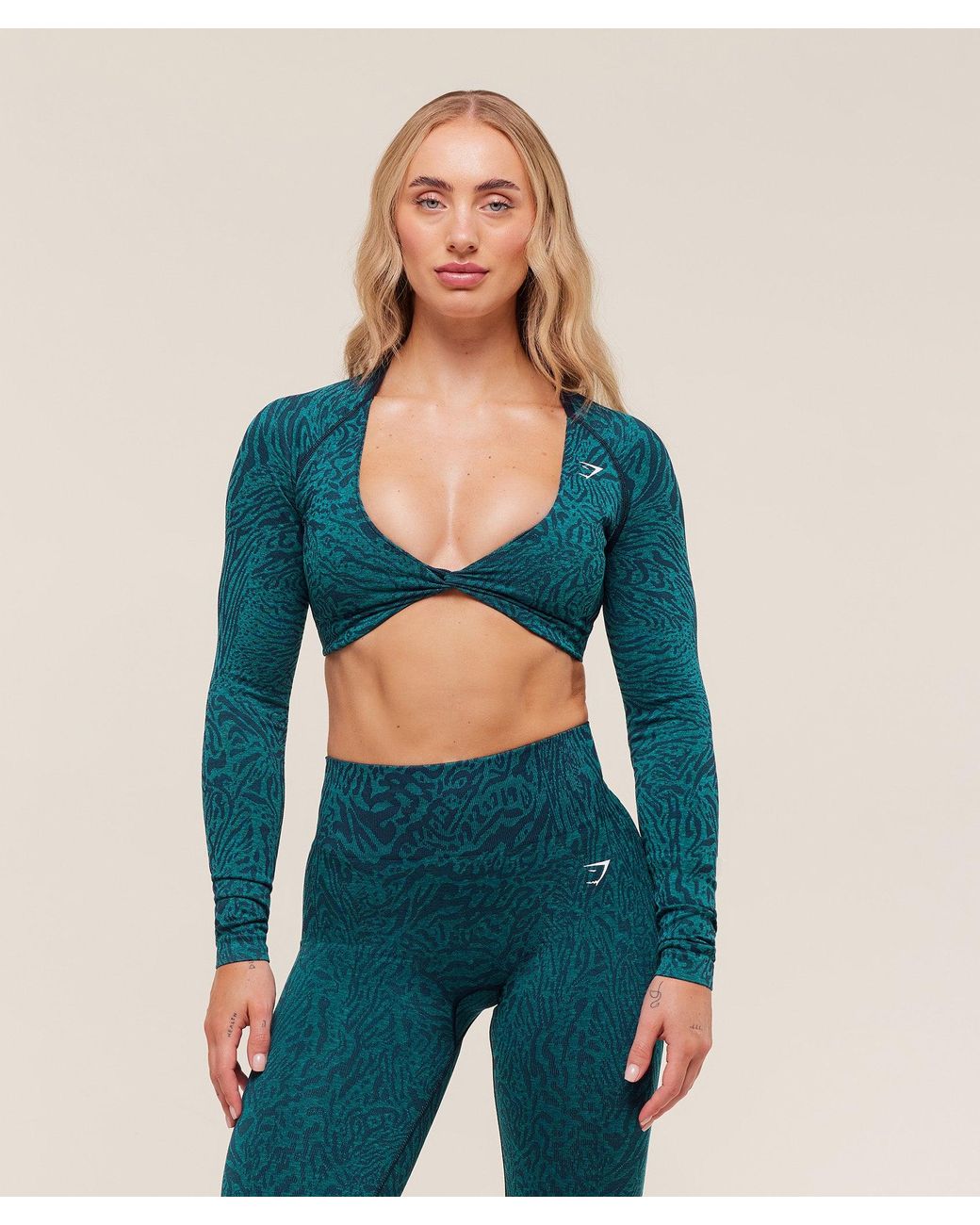 GYMSHARK Blue Adapt Animal Long Sleeve Crop Top
