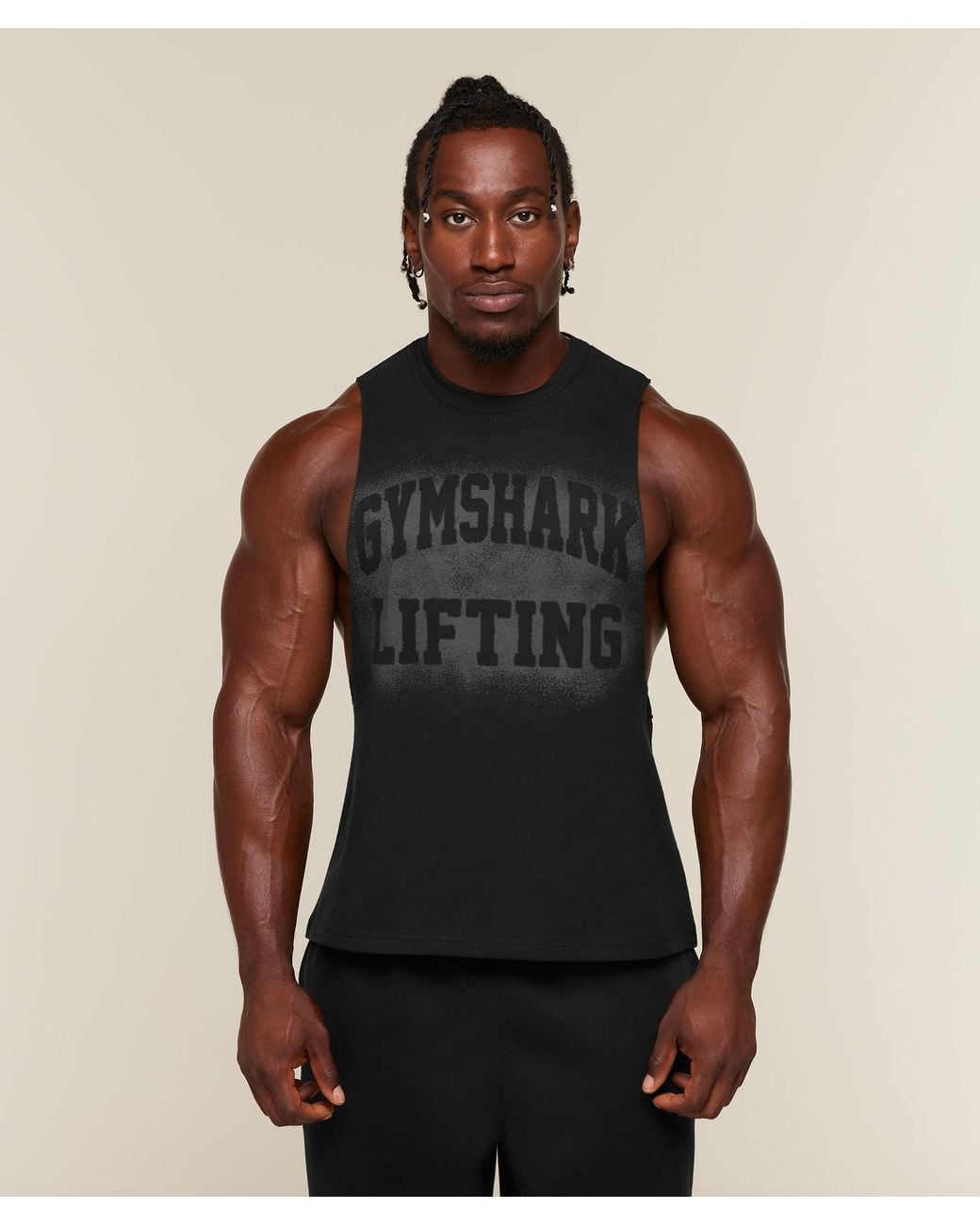 GYMSHARK Black Faded Lifting Graphic Drop Arm Tank for men
