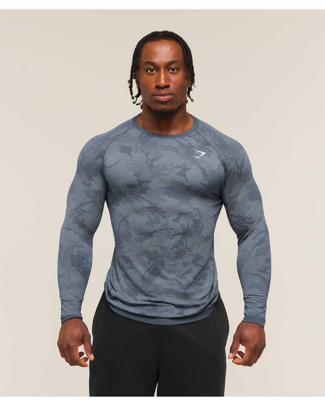 GYMSHARK Blue Geo Seamless Long Sleeve T-Shirt for men