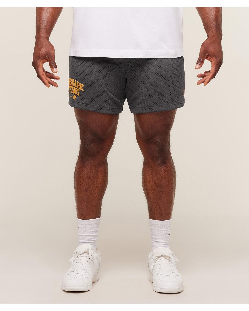 GYMSHARK Gray Lifting Barbell Mesh 5" Short for men