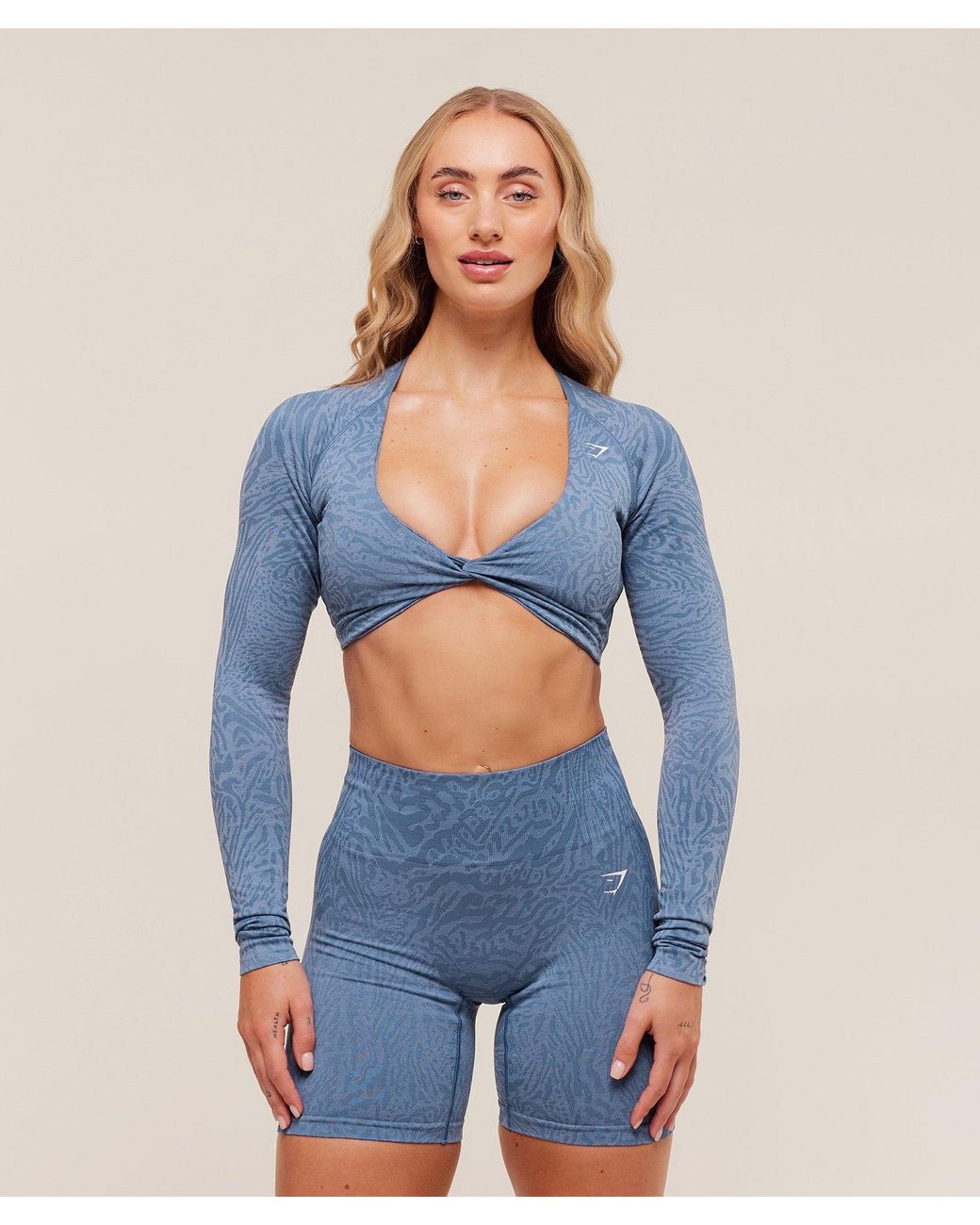 GYMSHARK Blue Adapt Animal Long Sleeve Crop Top
