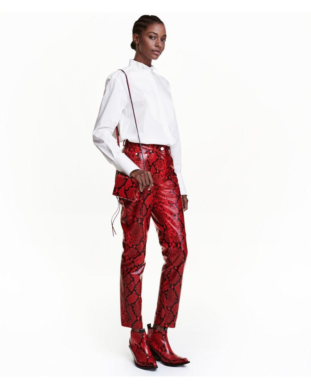 H\u0026M Snake Print Leather Trousers in Red 
