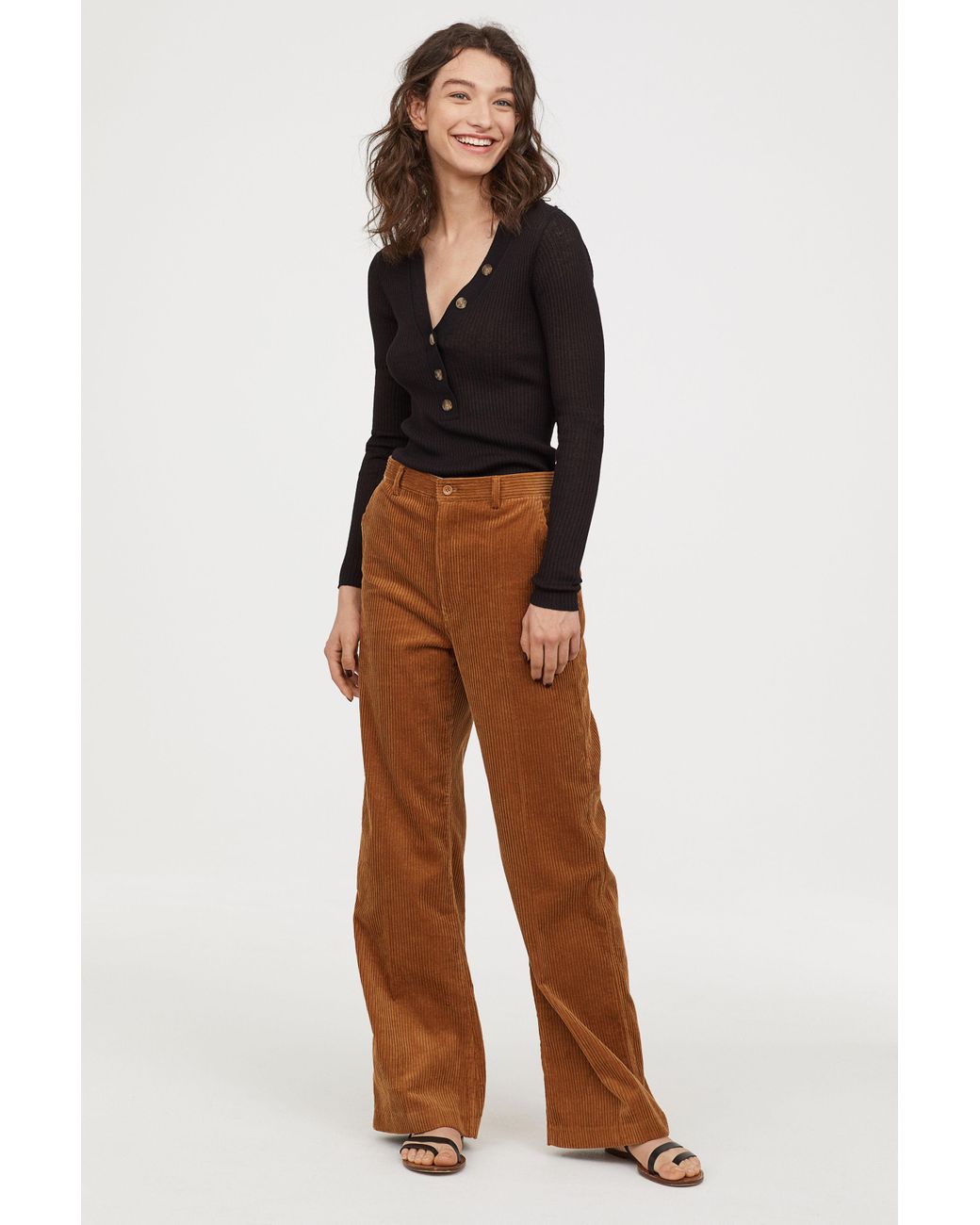 H&M Wide-leg Corduroy Pants in Brown | Lyst