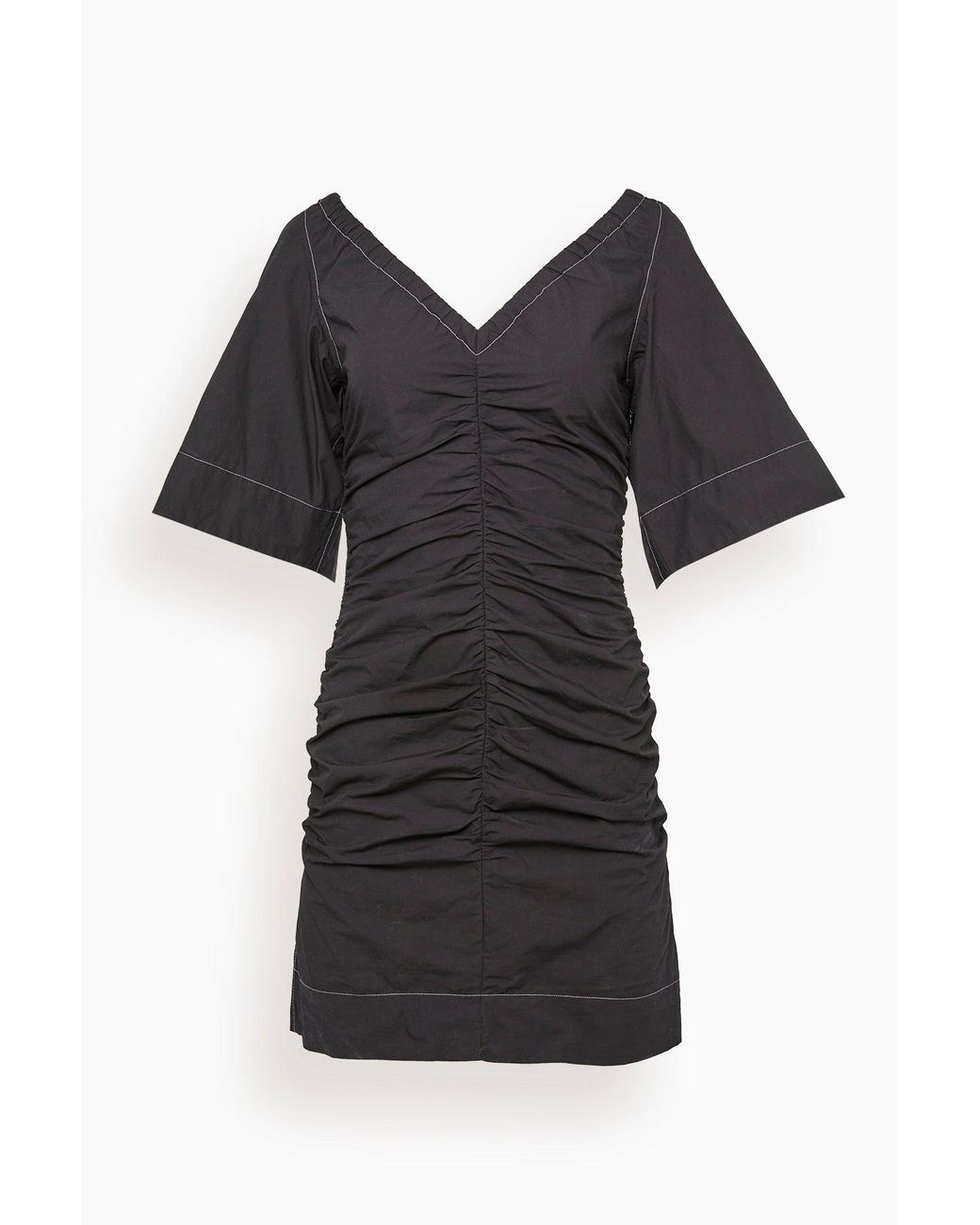 Ganni Cotton Poplin V-neck Fitted Mini Dress in Black | Lyst