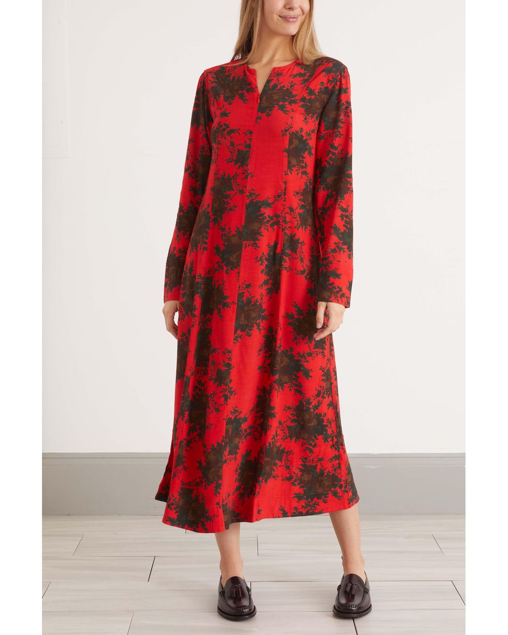 Ganni Printed Crepe Maxi Dress in Red | Lyst