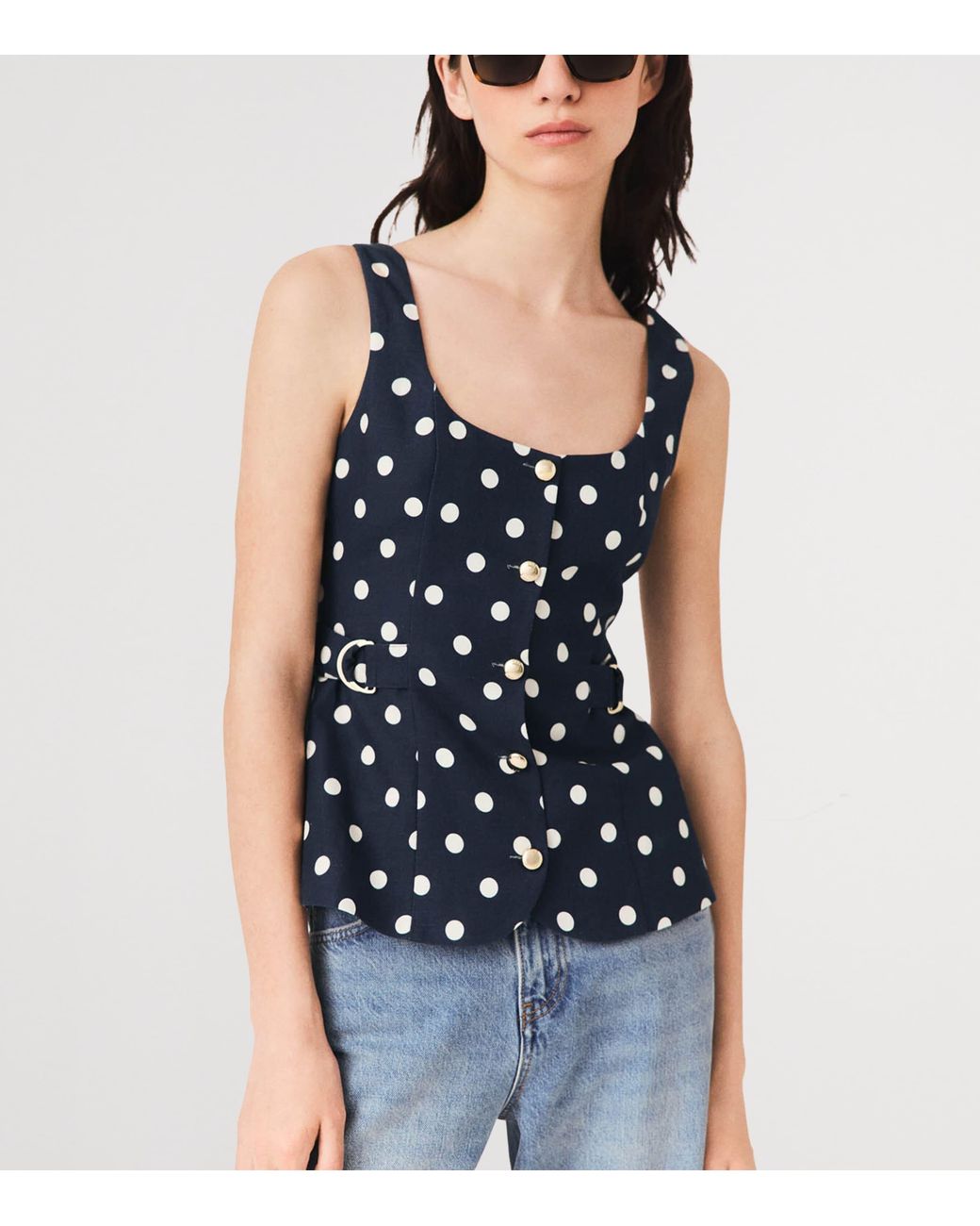 Maje Blue Linen-Blend Polka-Dot Waistcoat