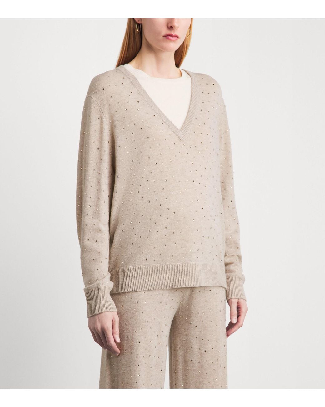 Allude Natural Wool-Cashmere Crystal-Embellished V-Neck Sweater