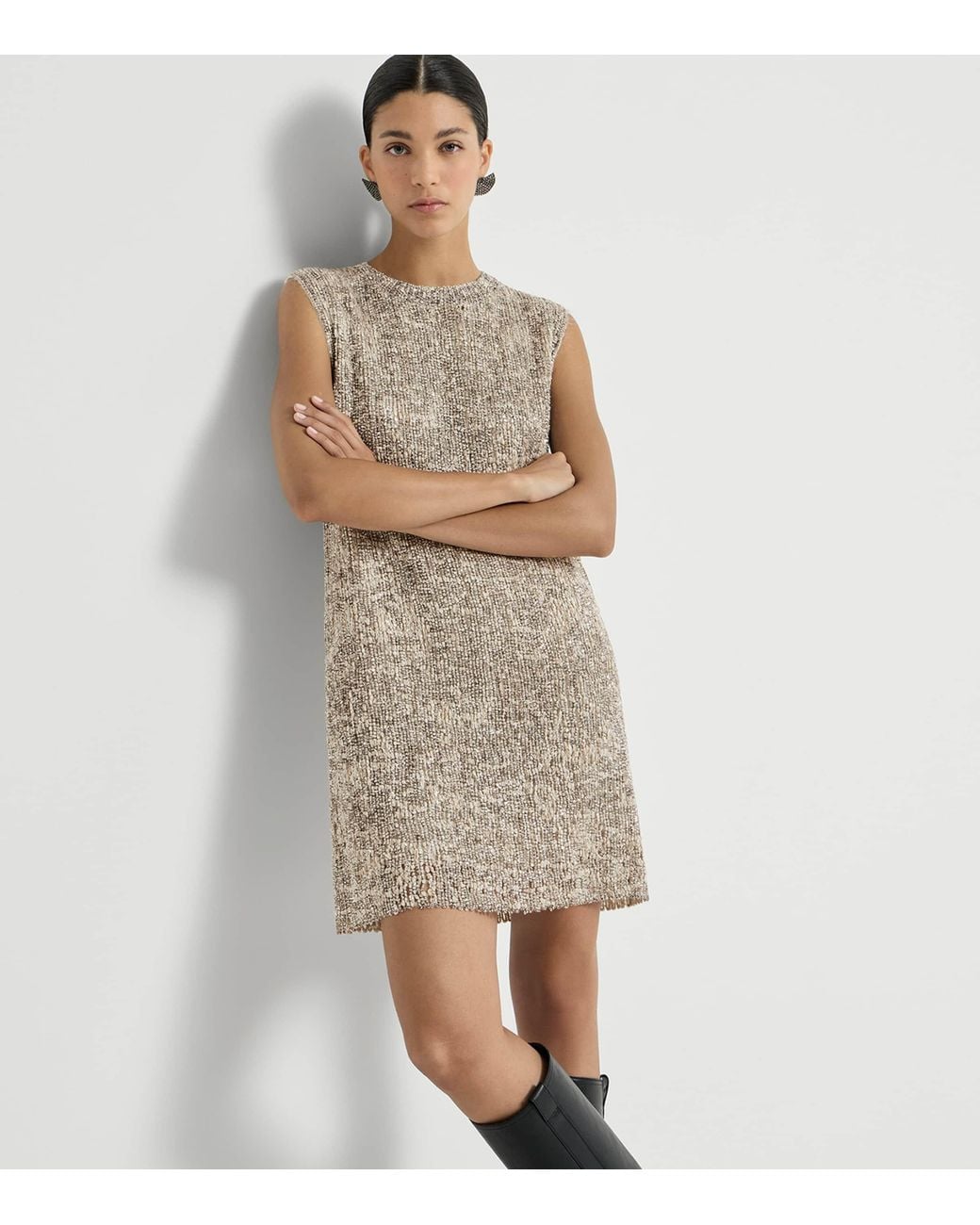 Brunello Cucinelli Gray Craquelé Embroidered Mini Dress
