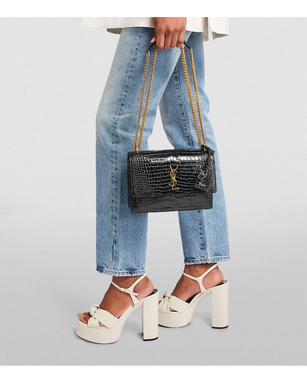 Saint Laurent White Medium Sunset Croc-Embossed Shoulder Bag
