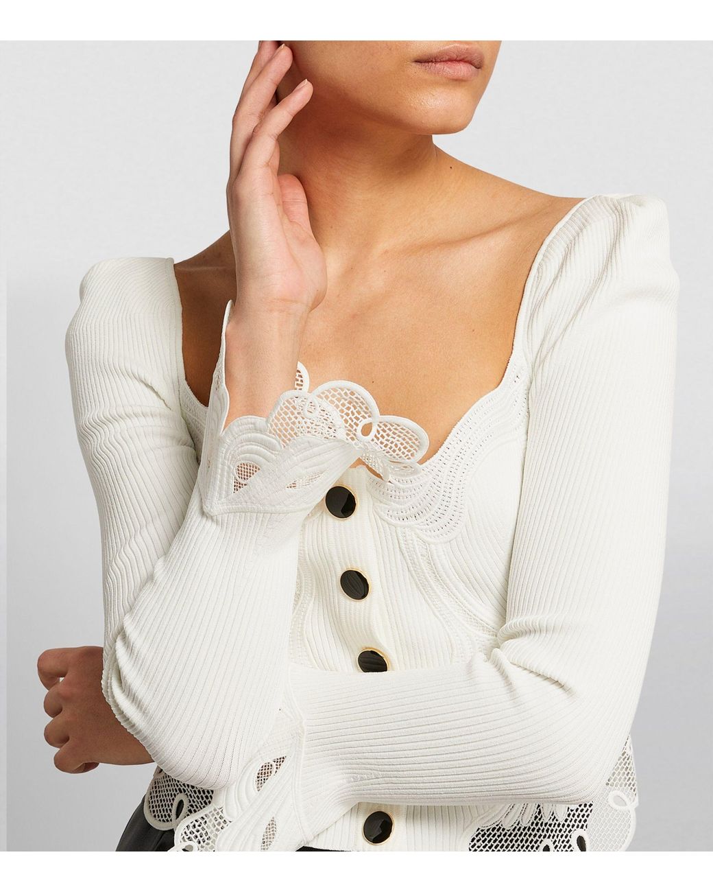 Lace-insert Rib-knit Cardigan 