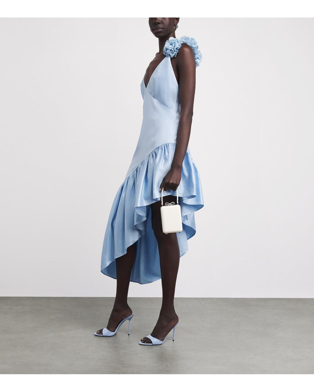 Sandro Blue Lyocell-Linen Asymmetric Ruffle Midi Dress