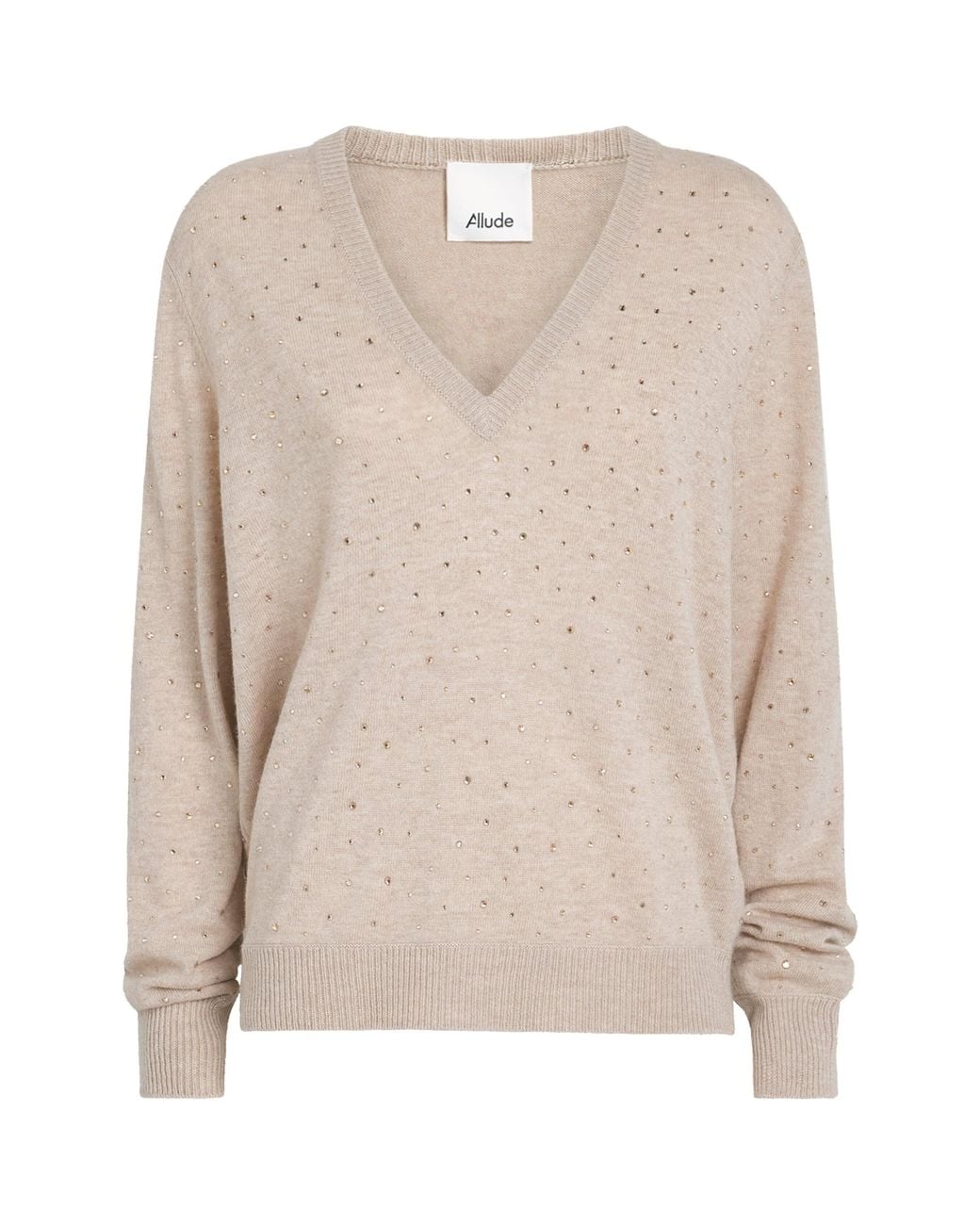 Allude Natural Wool-Cashmere Crystal-Embellished V-Neck Sweater