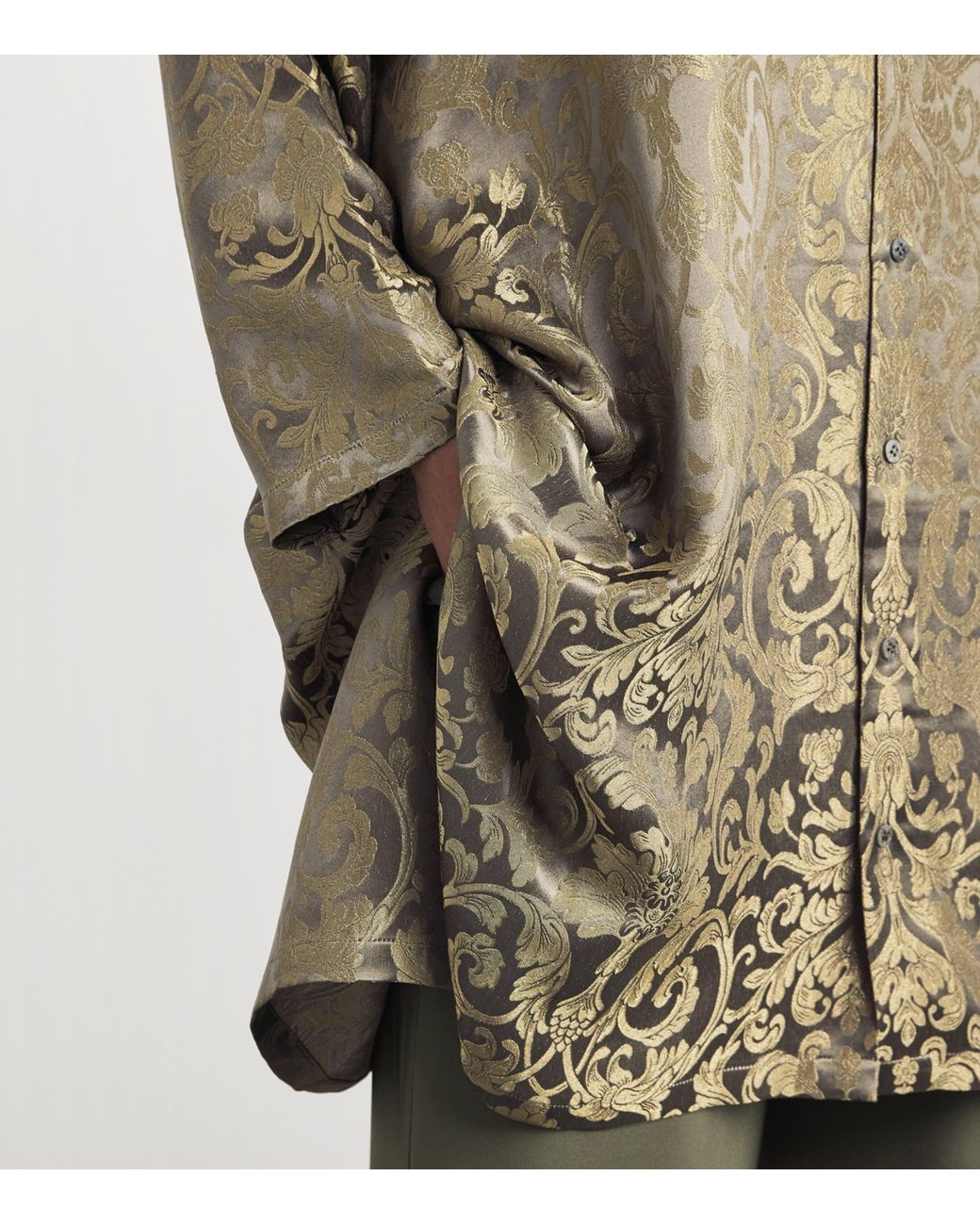 Eskandar Green Metallic Jacquard Longline Shirt
