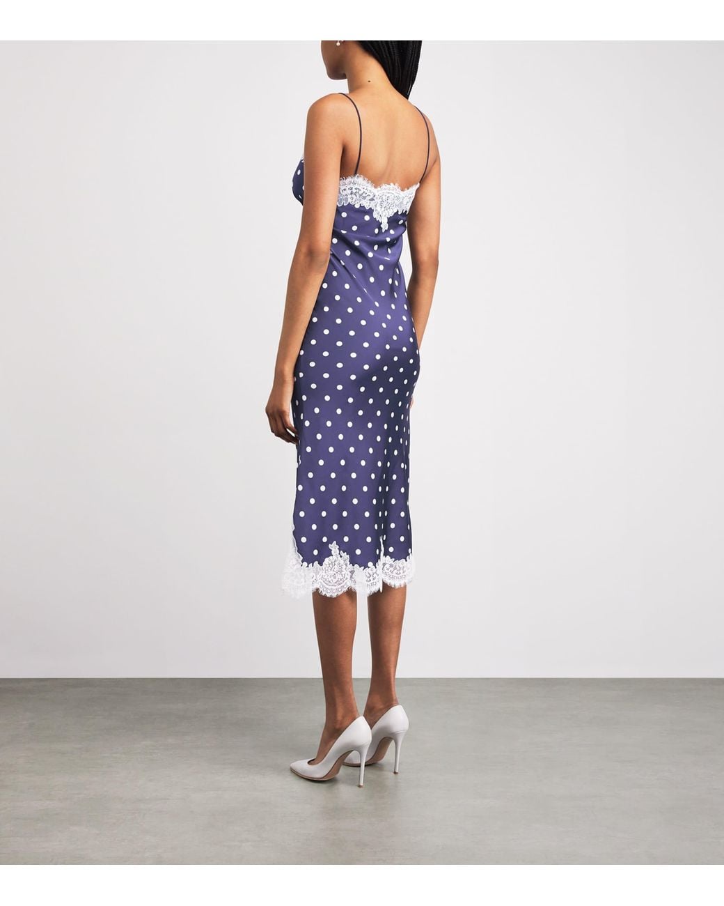 Self-Portrait Purple Satin Lace-Trim Polka-Dot Midi Dress