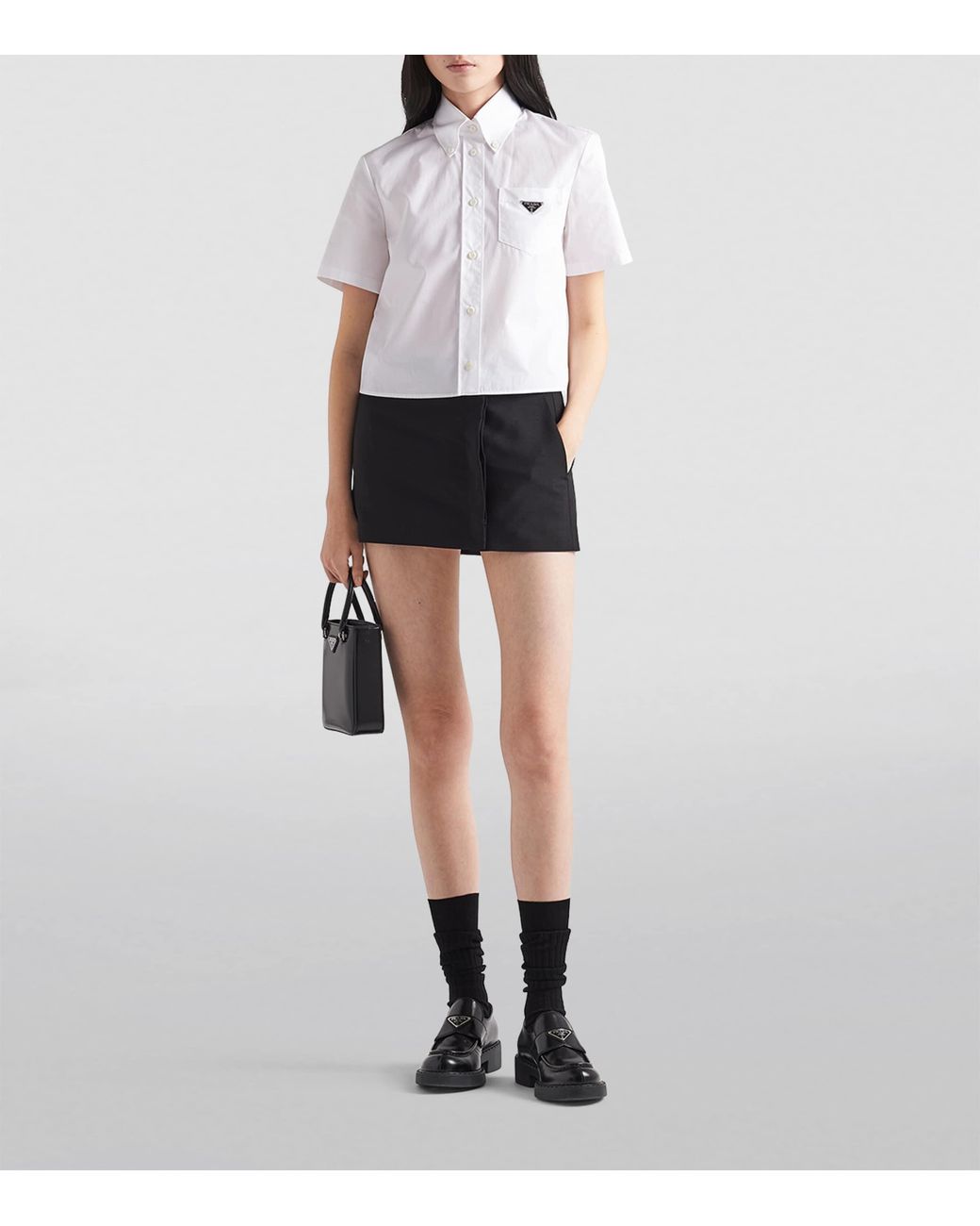 Prada White Logo-Plaque Cropped Cotton Shirt