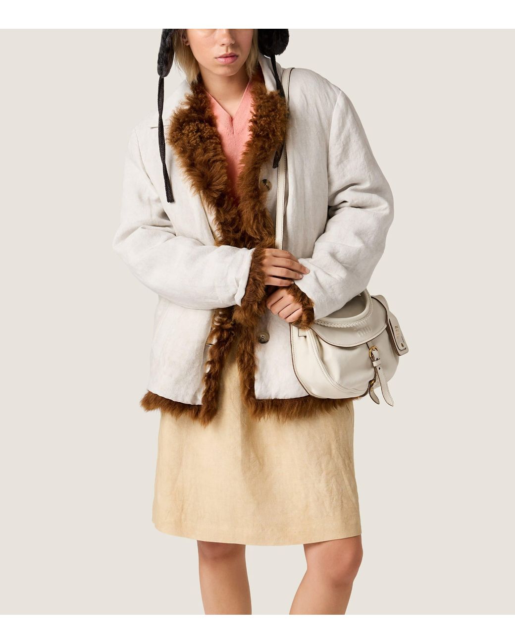 Miu Miu Natural Linen Frayed-Logo Mini Skirt