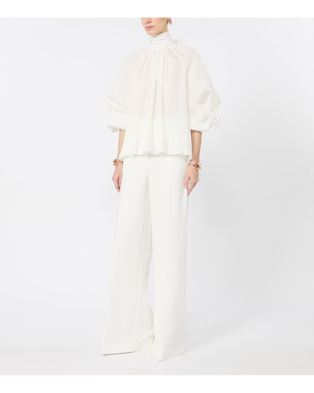 Max Mara White Pleated Pussybow Blouse