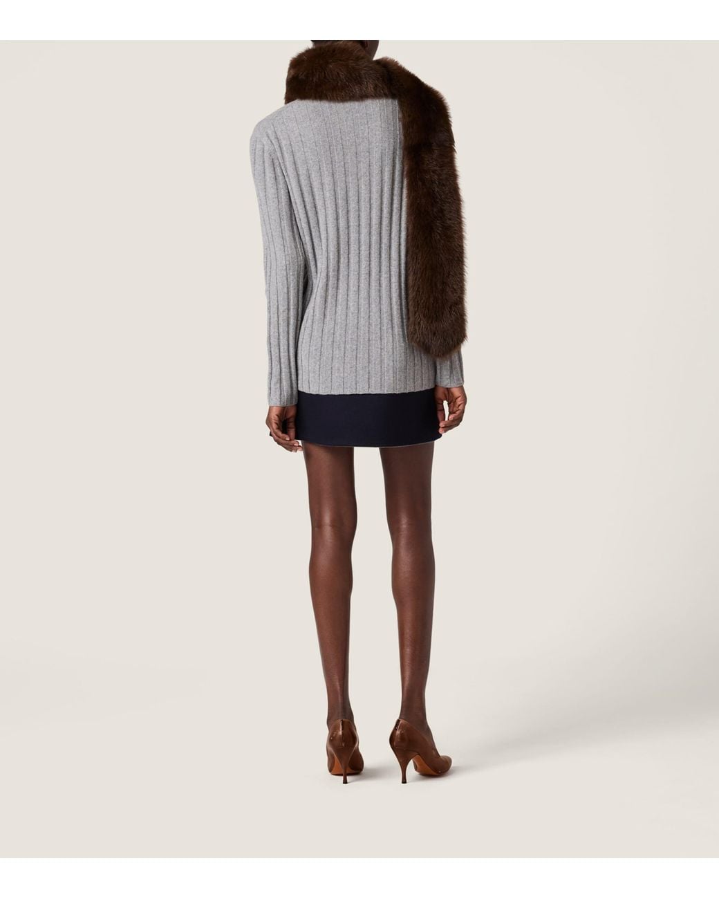 Miu Miu Gray Wool-Cashmere Ribbed Oversized Sweater