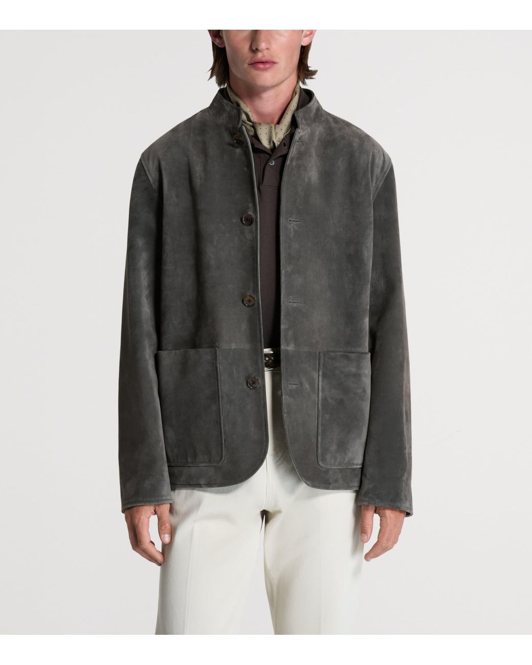 Dunhill Gray Leather Mandarin-Collar Jacket for men