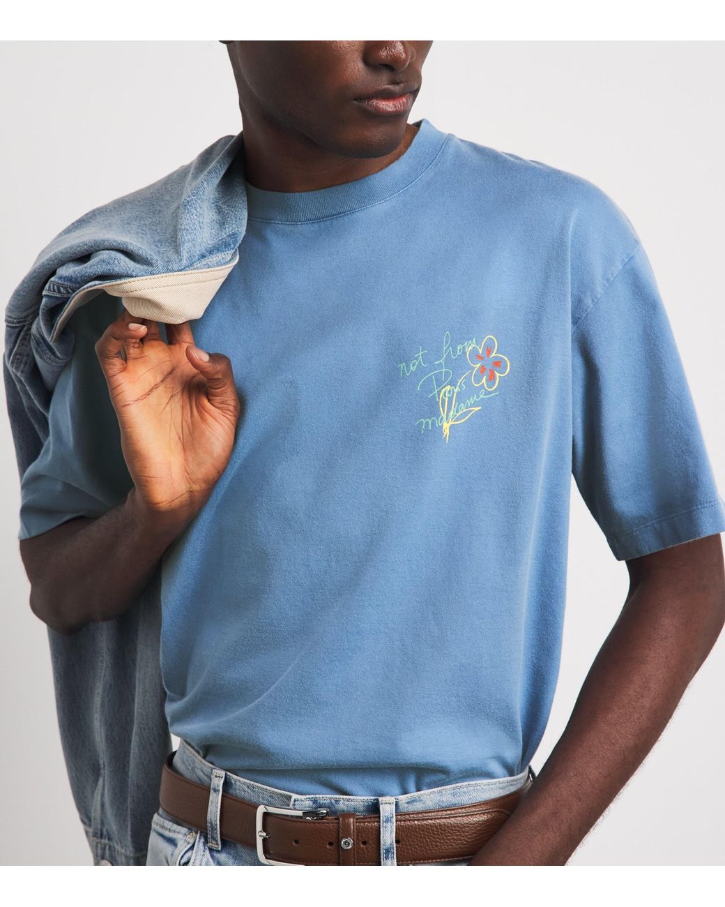 Drole de Monsieur Blue Cotton Esquisse Slogan T-Shirt for men