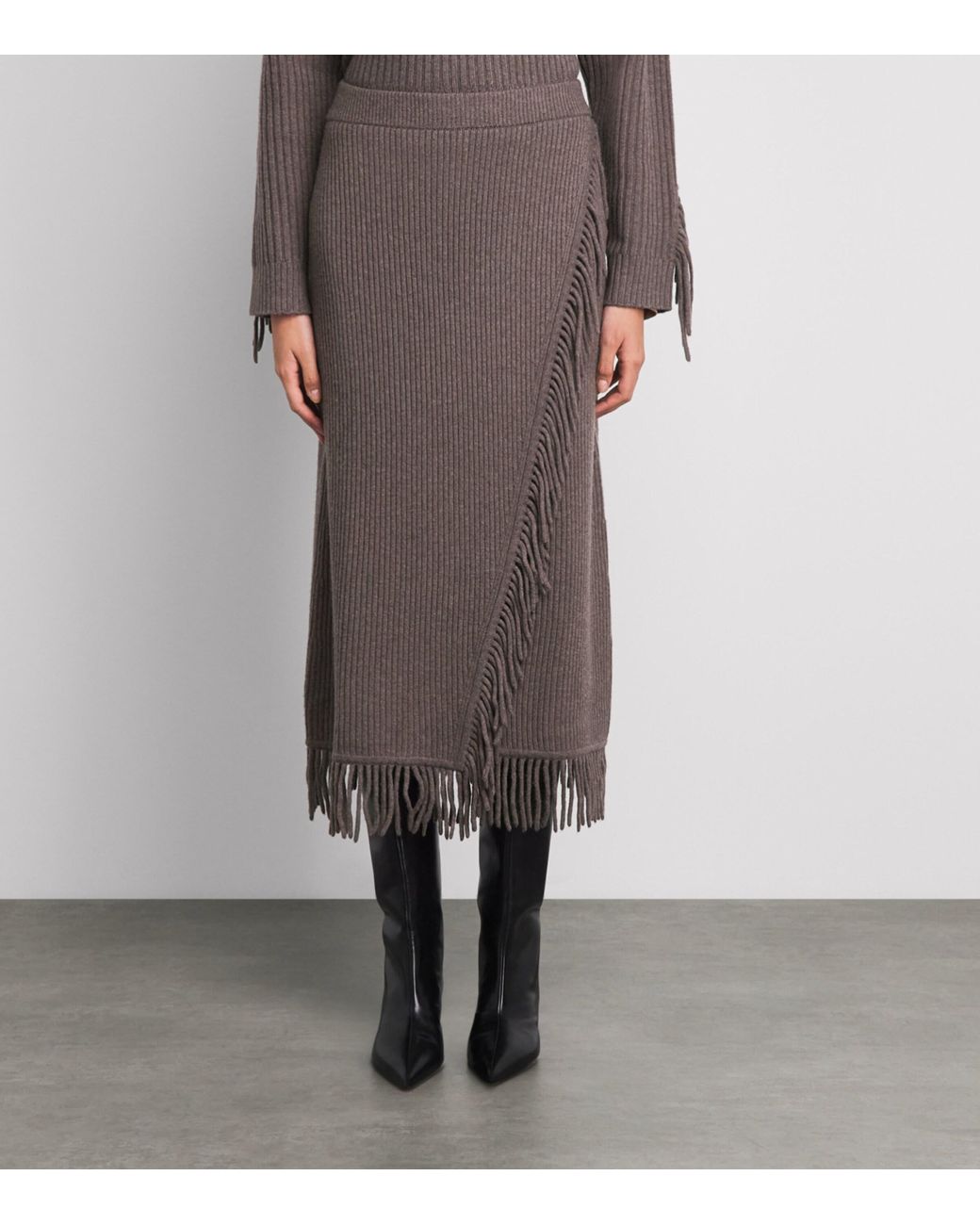 Jonathan Simkhai Brown Wool-Cashmere Fringe Wrap Midi Skirt