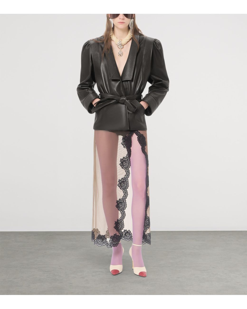 Valentino Natural Sheer Lace-Trim Maxi Skirt