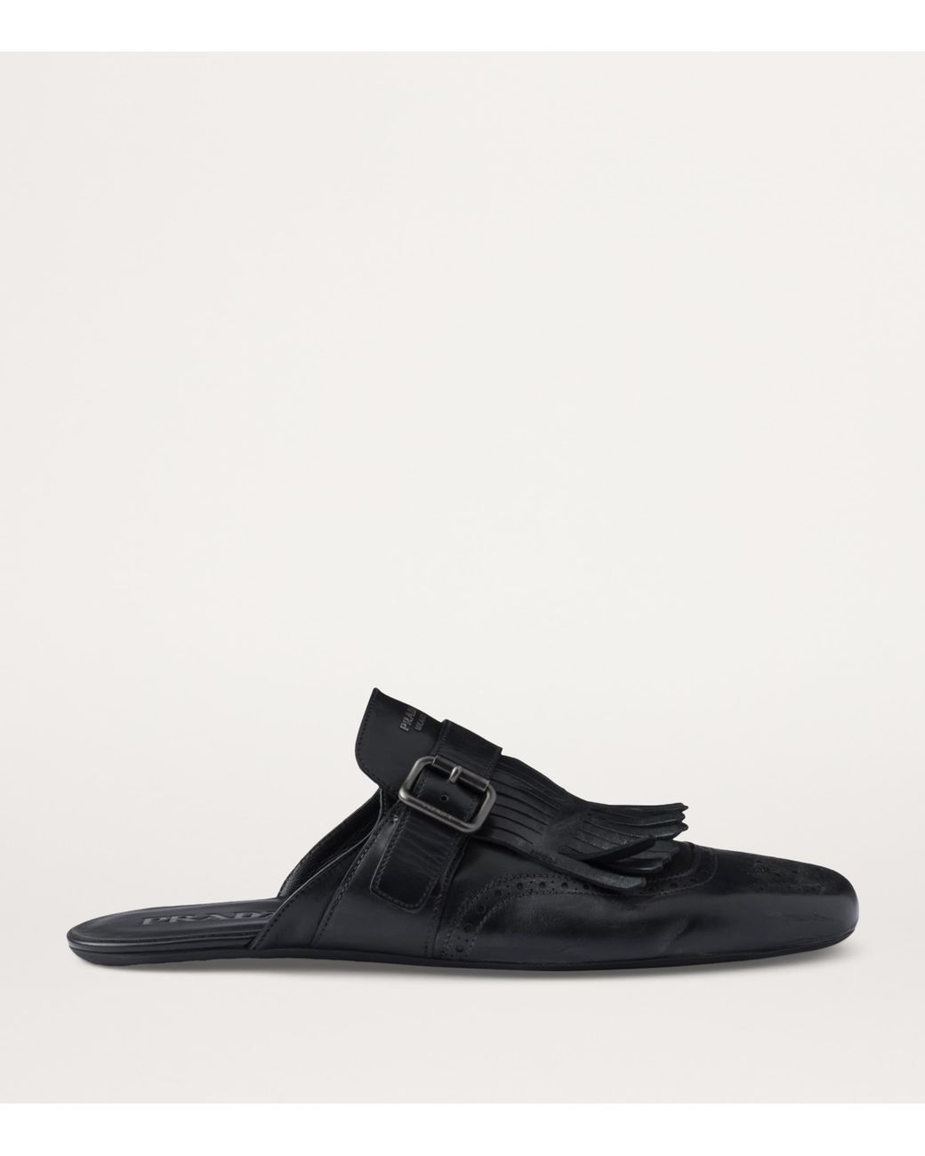 Prada Black Calf Leather Fringed Monk-Strap Mules for men